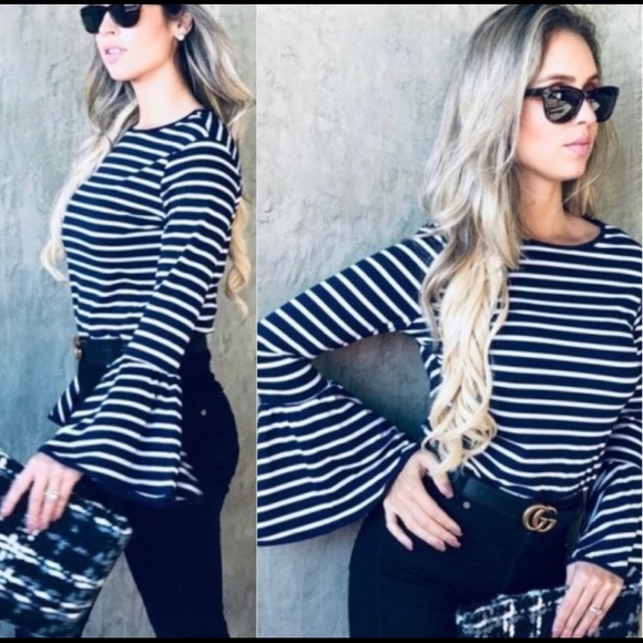 ♥️ 2 left Navy with white stripes and bell sleeves - Picture 2 of 6